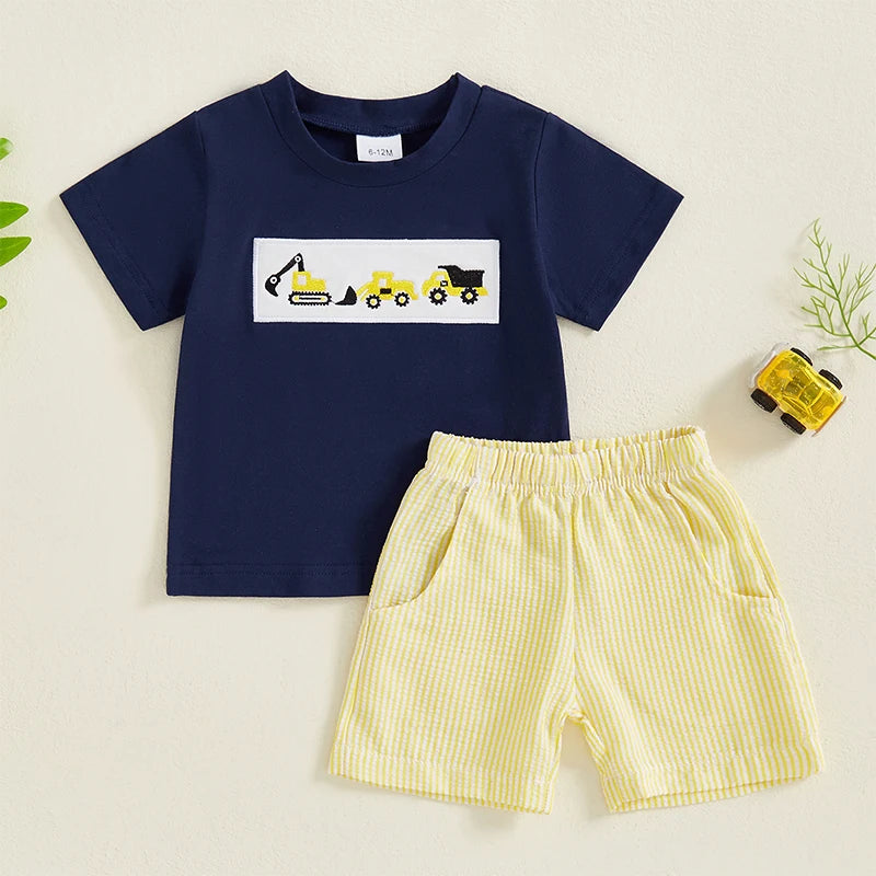 Toddler Baby Boy Shorts Set Tractor Embroidery