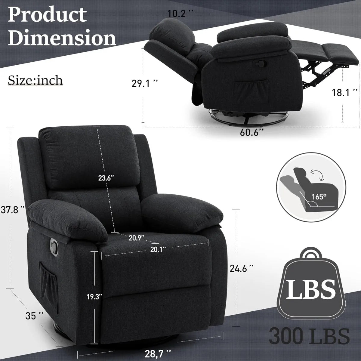 Swivel Rocking Recliner Chair, Small Space Glider Recliner with Side Pockets, Upholstered Fabric for Nursery & Living Room