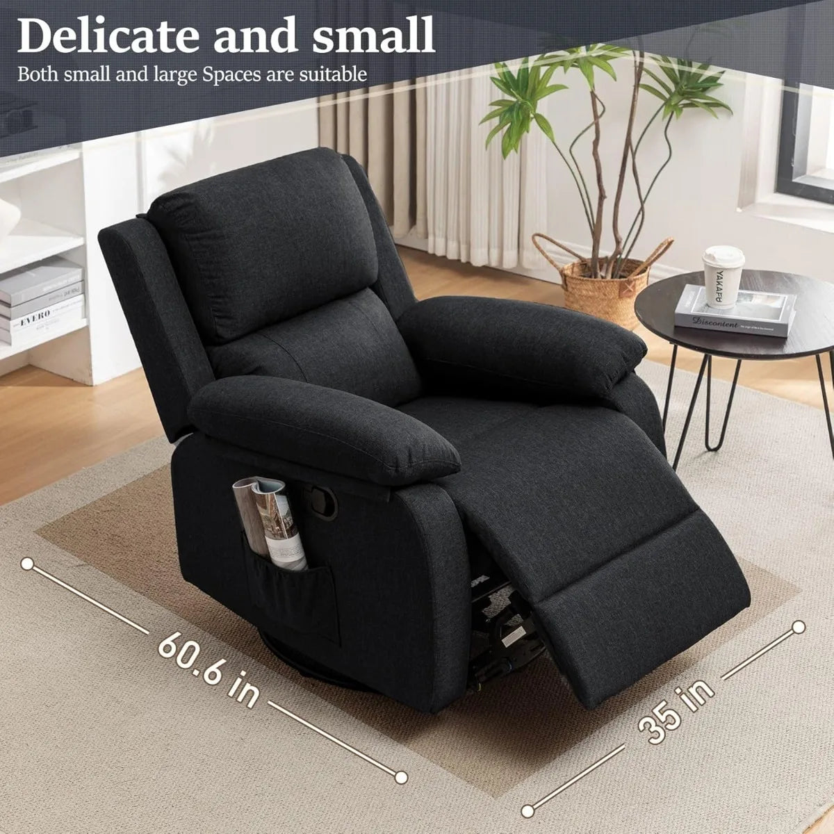 Swivel Rocking Recliner Chair, Small Space Glider Recliner with Side Pockets, Upholstered Fabric for Nursery & Living Room