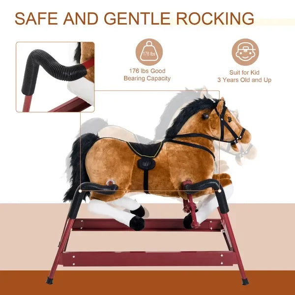 Kids Plush Rocking Horse Toy, Toddler Spring Rocker Rocking Horse With Realistic Sounds, for Children 3+ Years Old, Brown