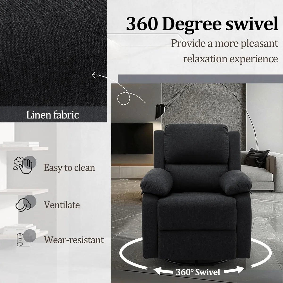 Swivel Rocking Recliner Chair, Small Space Glider Recliner with Side Pockets, Upholstered Fabric for Nursery & Living Room