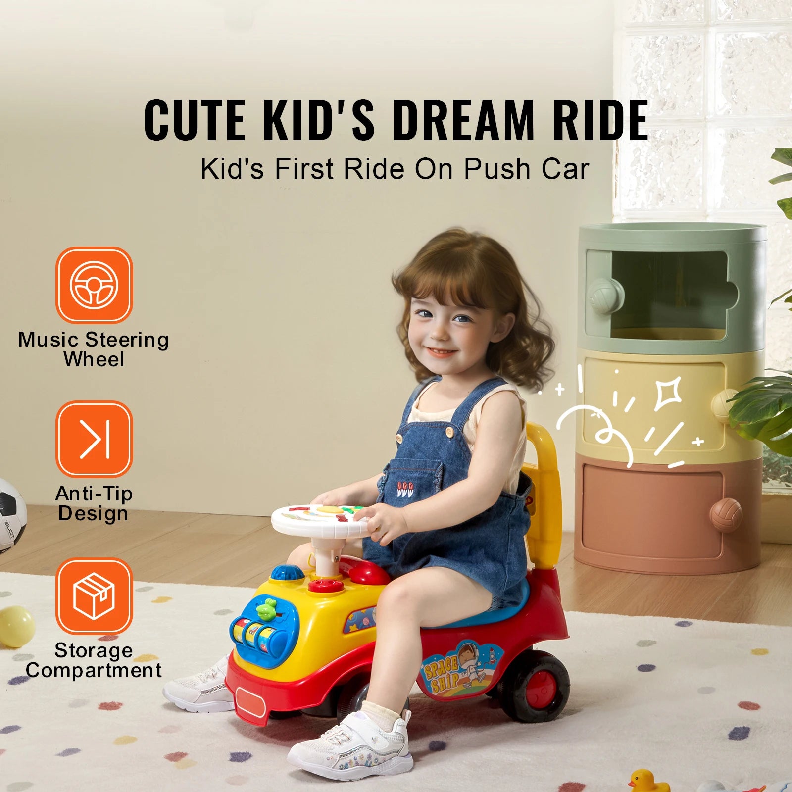 Toddler Ride On Push Car with Music Storage