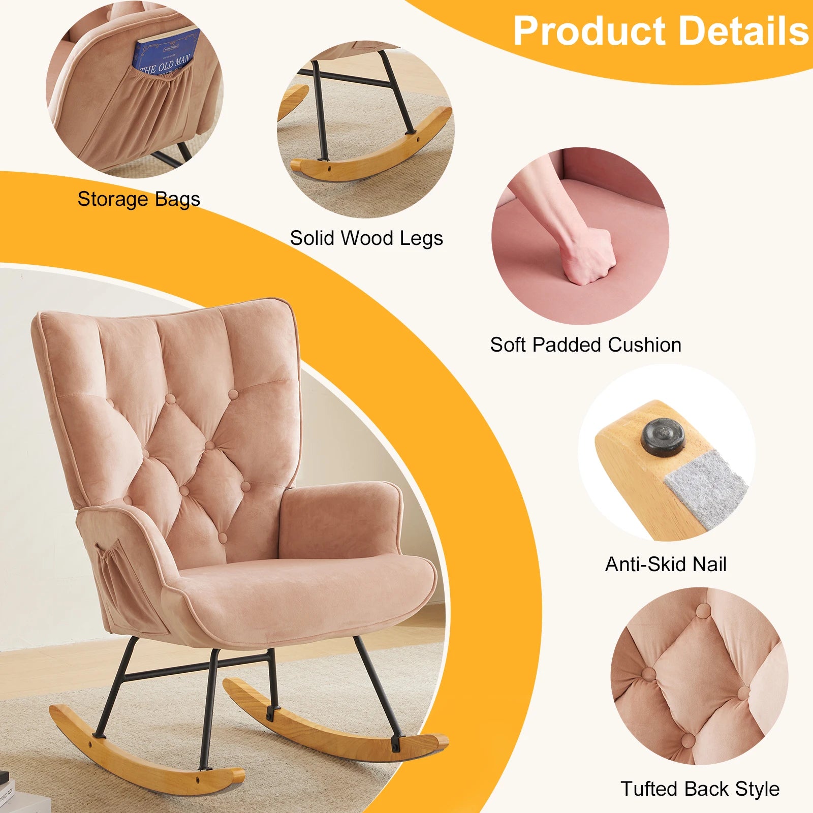 Upholstered Glider Rocker with High Backrest
