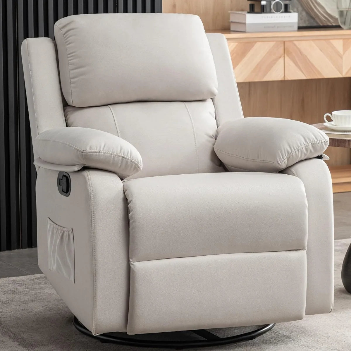 Swivel Rocking Recliner Chair, Small Space Glider Recliner with Side Pockets, Upholstered Fabric for Nursery & Living Room