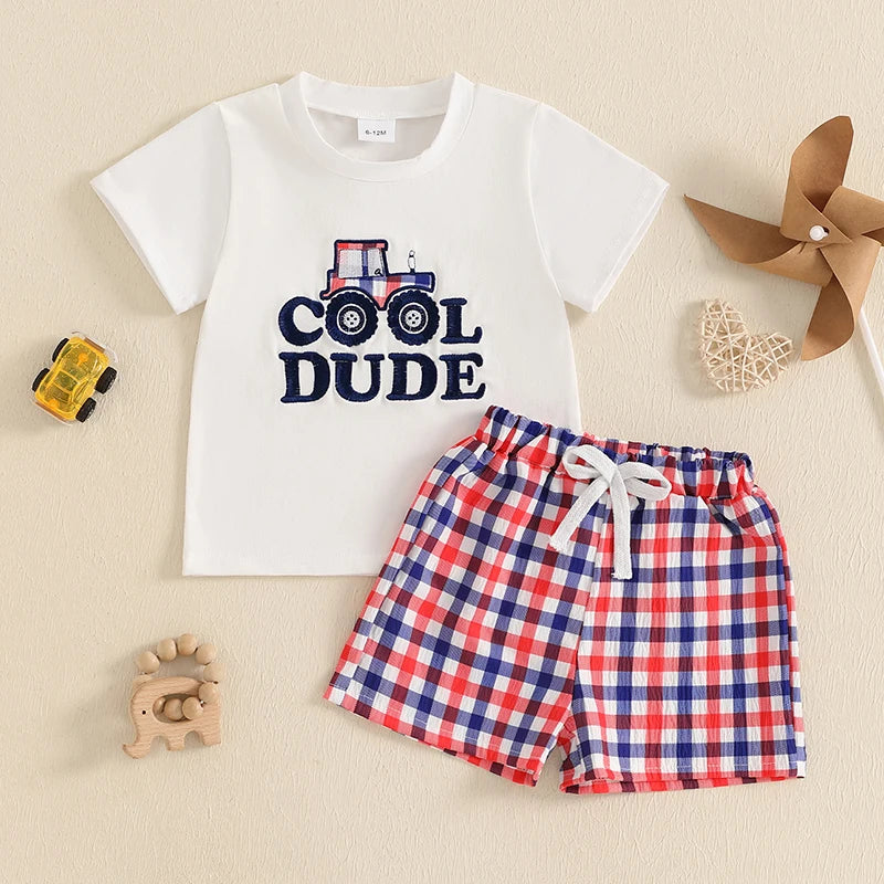 Boys Dinosaur Print T-shirt and Plaid Shorts
